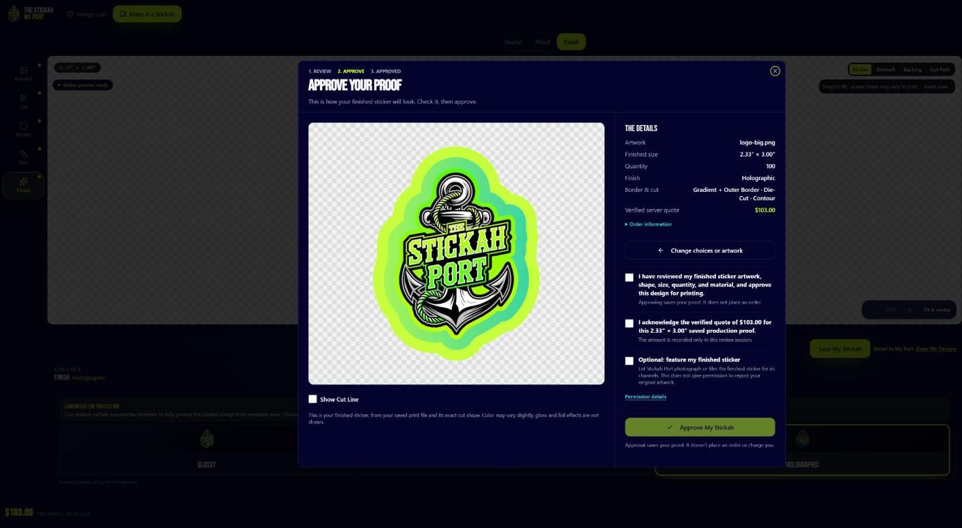 The final proof screen to review your sticker